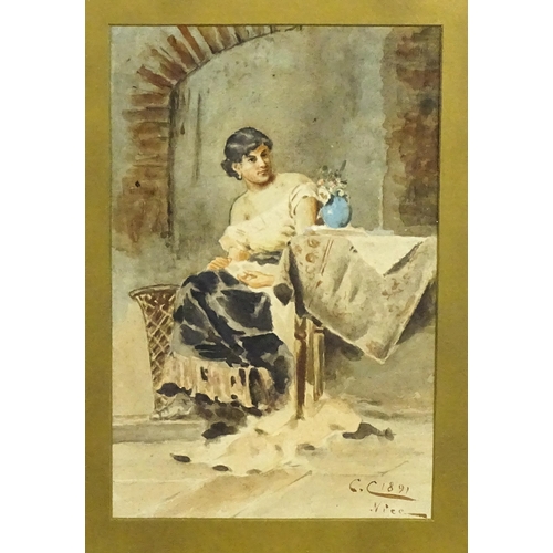 1928 - 19th century, French School, Watercolour, A young woman sat at a street side table with a vase of fl... 