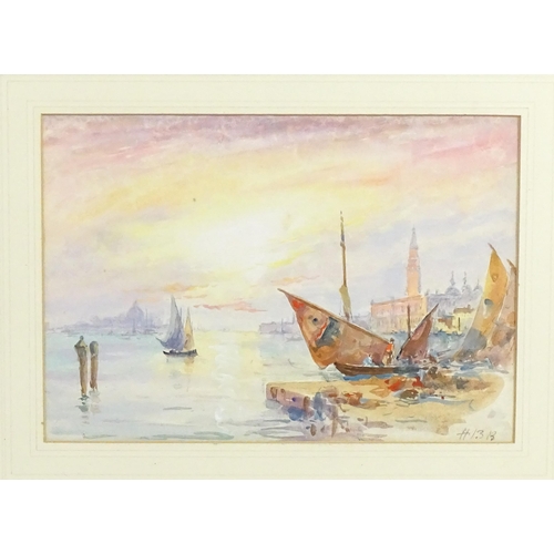 1929 - Hercules Brabazon Brabazon (1821-1906), Watercolour, Venice Lagoon at sunrise with boats and a view ... 