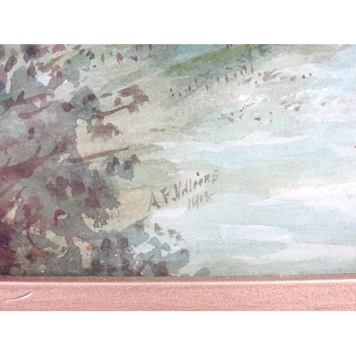 1931 - A. F. Villiers, Early 20th century, Watercolour, A wooded river landscape with a view of a house. Si... 