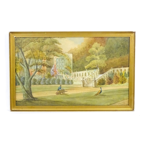 1954 - Early 20th century, Watercolour, A view of Haddon Hall with a peacock and a gardener. Indistinctly s... 