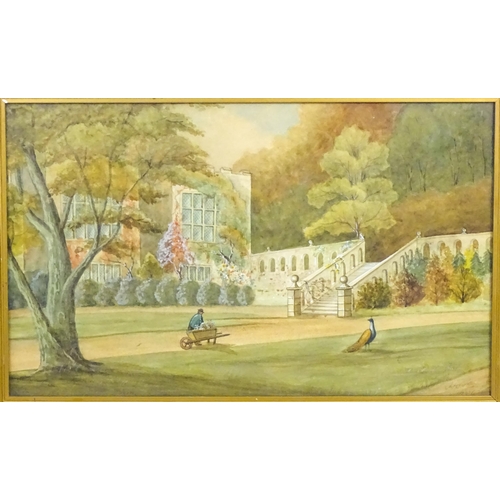 1954 - Early 20th century, Watercolour, A view of Haddon Hall with a peacock and a gardener. Indistinctly s... 