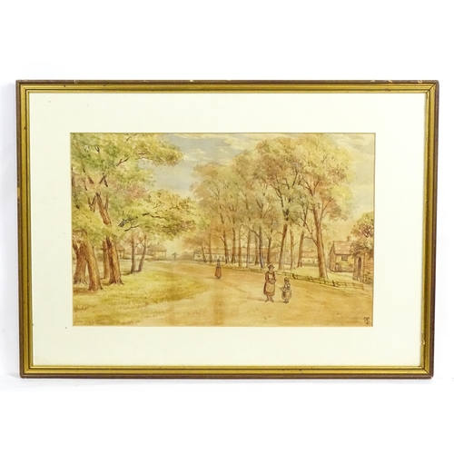 1956 - 19th century, Watercolour, A village scene depicting figures on a tree lined path. Signed with monog... 