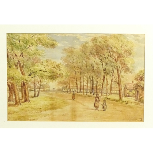 1956 - 19th century, Watercolour, A village scene depicting figures on a tree lined path. Signed with monog... 