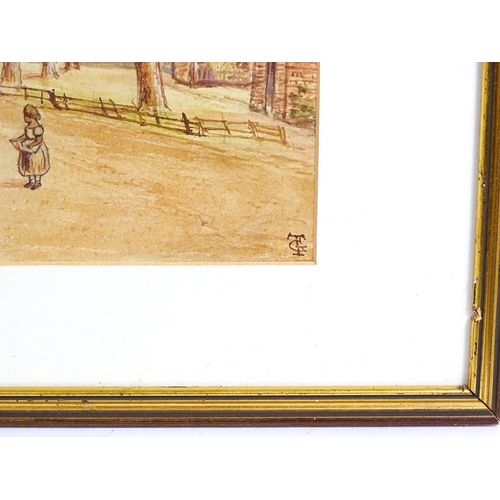 1956 - 19th century, Watercolour, A village scene depicting figures on a tree lined path. Signed with monog... 