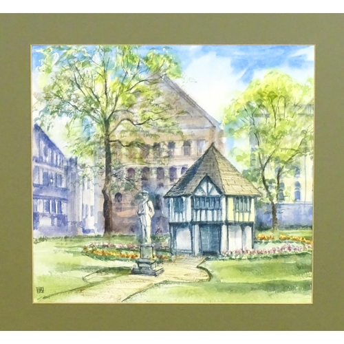 1959 - 20th century, Watercolour, English School, Soho Square, depicting the Tudor style hut and statue of ... 