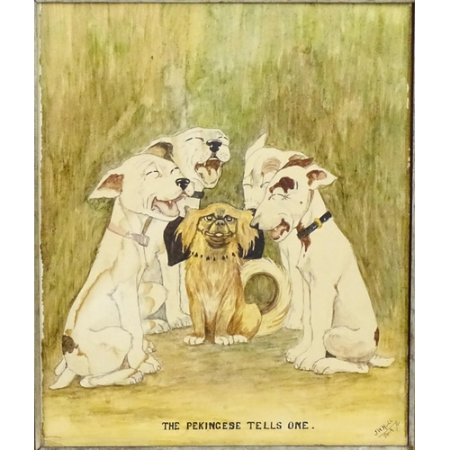 1962 - J. W. Hull, Early 20th century, Watercolour, The Pekingese Tells One, A humorous depiction of five d... 