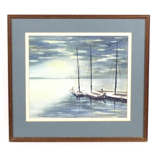 1966 - Wesson, 20th century, Watercolour, Moored boats at dusk. Signed lower left. Approx. 9 3/4