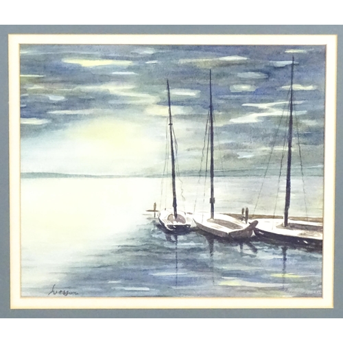 1966 - Wesson, 20th century, Watercolour, Moored boats at dusk. Signed lower left. Approx. 9 3/4