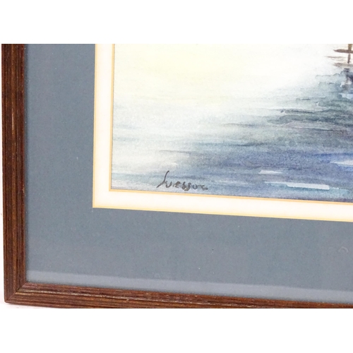 1966 - Wesson, 20th century, Watercolour, Moored boats at dusk. Signed lower left. Approx. 9 3/4