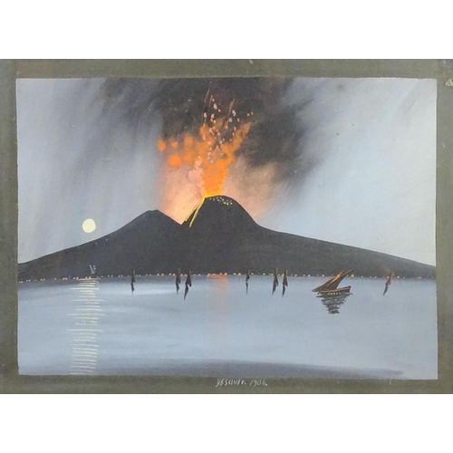 1974 - Early 20th century, Neapolitan School, Gouache, A moonlit Mount Vesuvius erupting over the Bay of Na... 