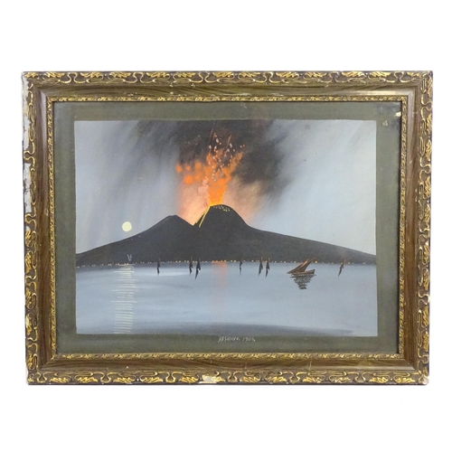 1974 - Early 20th century, Neapolitan School, Gouache, A moonlit Mount Vesuvius erupting over the Bay of Na... 