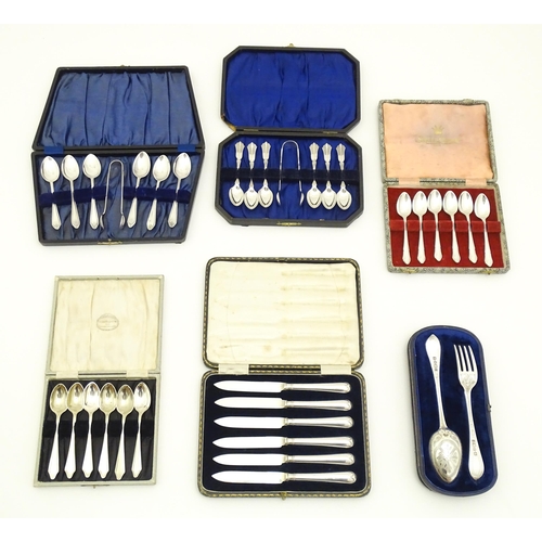 601 - Assorted cased flatware / cutlery to include teaspoons, cake knives, etc. To include a cased set of ... 