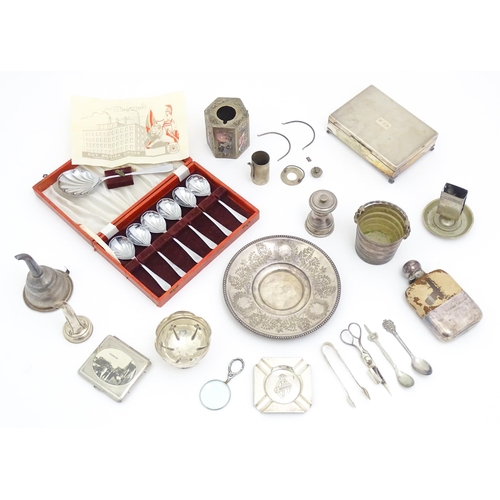 608 - A quantity of assorted silver plated wares to include cigarette box, wine funnels, spoons, ash tray ... 