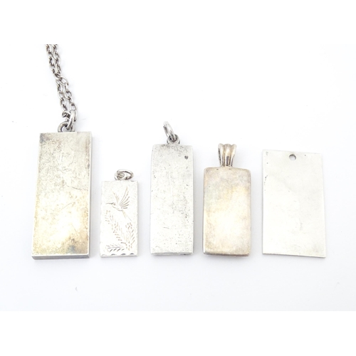 745 - Five various silver ingot formed pendants, one on a silver chain . The chain approx 24