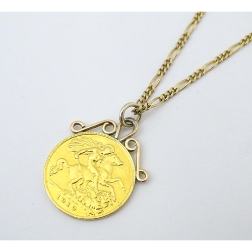 801 - A 1910 half sovereign coin with pendant mount to top, on a 9ct gold chain. Chain approx. 18