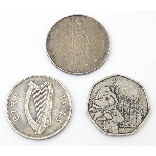 806 - Coins: A James II 1689 Irish Gun Money shilling together with A quantity of George VI two shilling c... 