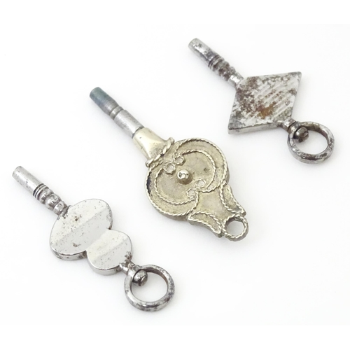 812 - Three assorted pocket watch keys to include cut steel examples. Largest approx 1 3/42 long (3)