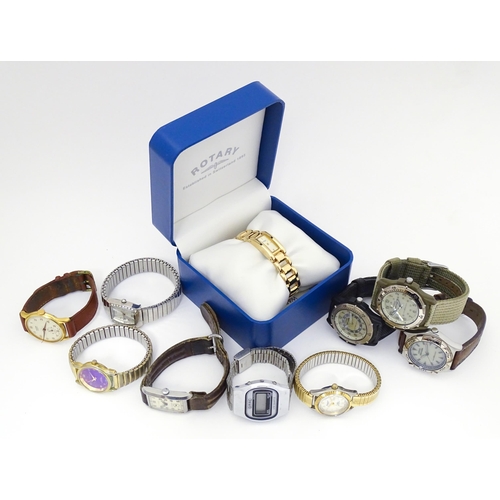 828 - Assorted wristwatches to include examples by Rotary, Gruen, Mimo Medana, Lorus, an Omac digital watc... 