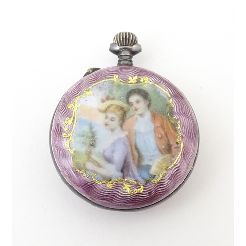 840 - A Continental white metal fob watch with purple guilloche enamel decoration and scene to reverse dep... 