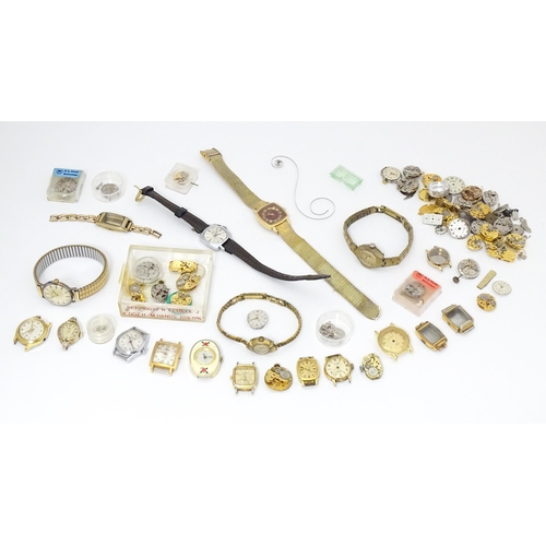 845 - Watchmakers / Repairers Interest : A quantity of assorted wristwatch / wrist watch movements, cases ... 