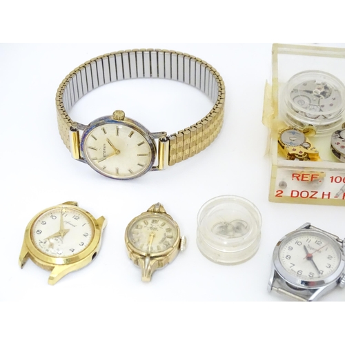 845 - Watchmakers / Repairers Interest : A quantity of assorted wristwatch / wrist watch movements, cases ... 