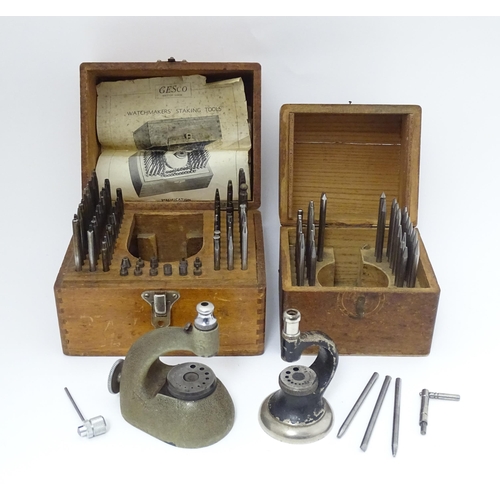 851 - Watchmakers / Repairers Equipment : Two cased watchmaker's staking tools / punches. One marked Ges C... 