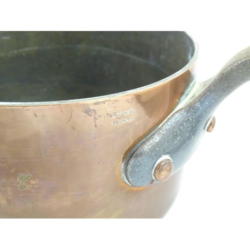 1203 - Two French Villedieu copper pans and lids with iron handles. Stamped to side. Largest approx. 14 1/2... 