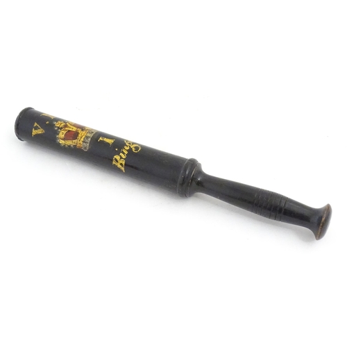 1213 - A Victorian turned wooden truncheon with painted decoration depicting a crown under the V.R cypher w... 