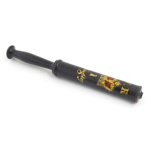 1213 - A Victorian turned wooden truncheon with painted decoration depicting a crown under the V.R cypher w... 