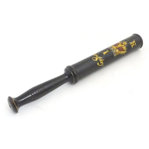 1213 - A Victorian turned wooden truncheon with painted decoration depicting a crown under the V.R cypher w... 