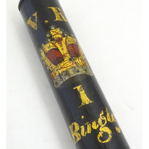 1213 - A Victorian turned wooden truncheon with painted decoration depicting a crown under the V.R cypher w... 