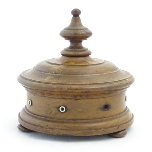 1215 - Sewing Interest: A Victorian Welsh turned walnut / treen thread box of circular form raised on three... 