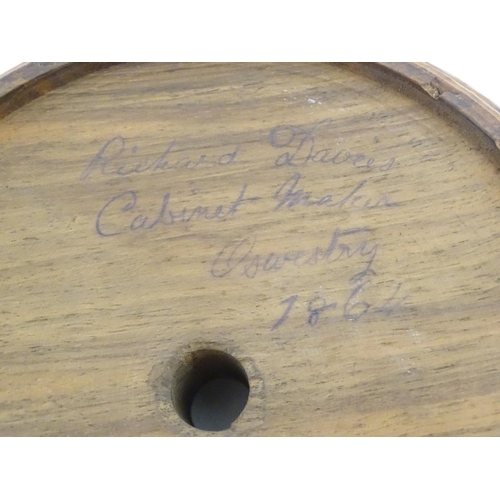 1215 - Sewing Interest: A Victorian Welsh turned walnut / treen thread box of circular form raised on three... 