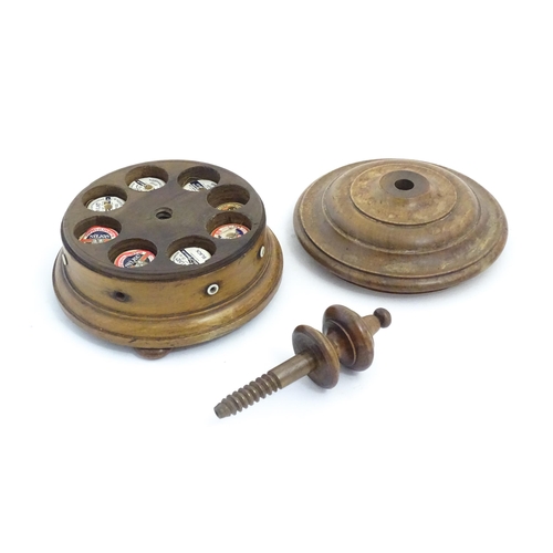 1215 - Sewing Interest: A Victorian Welsh turned walnut / treen thread box of circular form raised on three... 