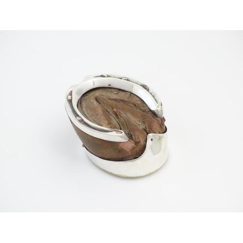 1230 - A late 19thC inkwell formed from a horse hoof with silver plate mounts, the lid engraved The Reptile... 