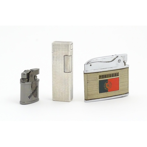 1236 - Three pocket lighters, comprising a cased Ronson Automatic with Portugal decoration, a miniature Ron... 