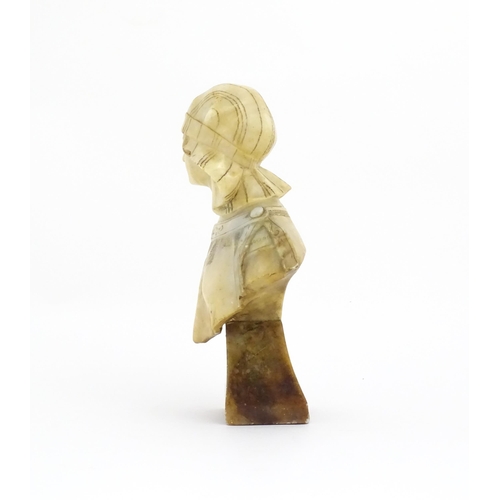 1263 - An early 20thC two-tone alabaster bust of a young woman with engraved detail. Approx. 11 3/4