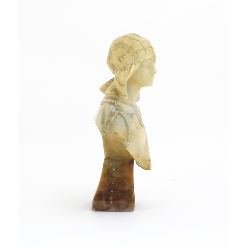 1263 - An early 20thC two-tone alabaster bust of a young woman with engraved detail. Approx. 11 3/4