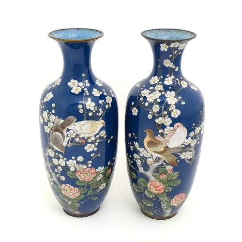 1314 - Two large Oriental cloisonne vases decorated with peony flowers, blossom and two doves / birds perch... 