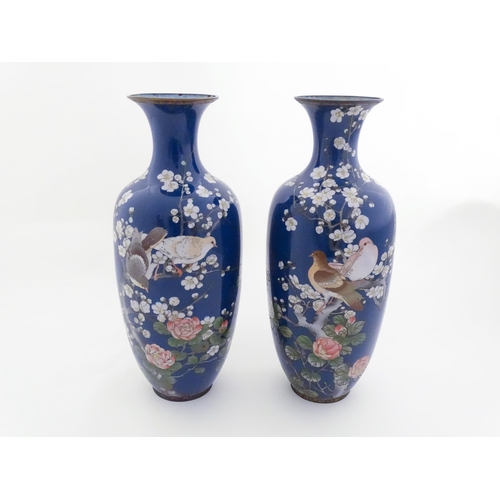 1314 - Two large Oriental cloisonne vases decorated with peony flowers, blossom and two doves / birds perch... 