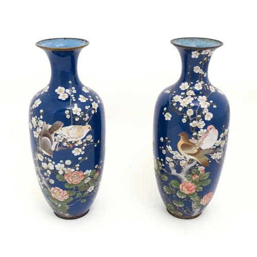 1314 - Two large Oriental cloisonne vases decorated with peony flowers, blossom and two doves / birds perch... 