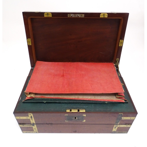 1318 - A 19thC mahogany brass bound writing box / slope with campaign style handles, drawer to side and thr... 