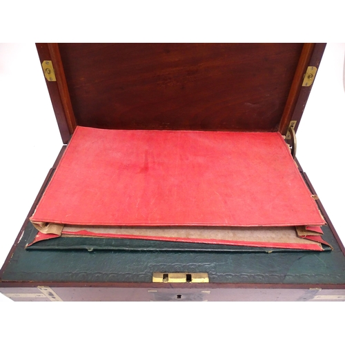 1318 - A 19thC mahogany brass bound writing box / slope with campaign style handles, drawer to side and thr... 