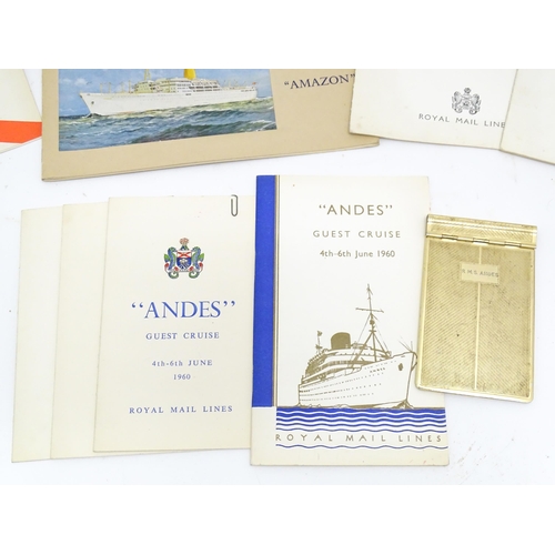 1330 - A quantity of 20thC ephemera relating to Royal Mail Lines Ltd. cruises, to include a 1960 ticket, va... 