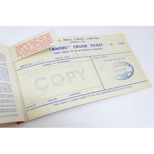 1330 - A quantity of 20thC ephemera relating to Royal Mail Lines Ltd. cruises, to include a 1960 ticket, va... 