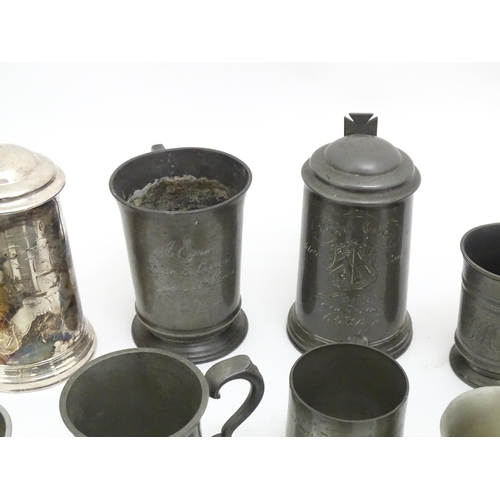 1331 - A quantity of 19thC and later pewter tankards, including examples by James Dixon & Sons, several wit... 