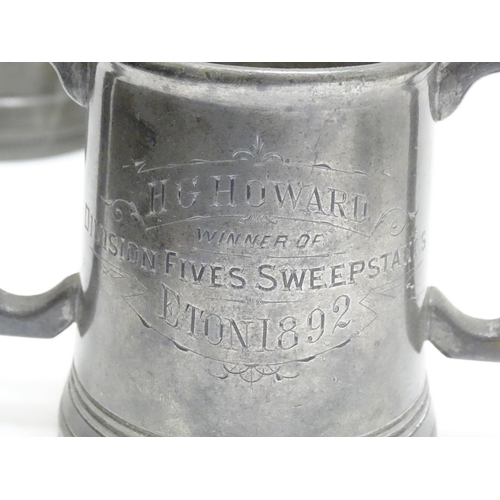 1331 - A quantity of 19thC and later pewter tankards, including examples by James Dixon & Sons, several wit... 