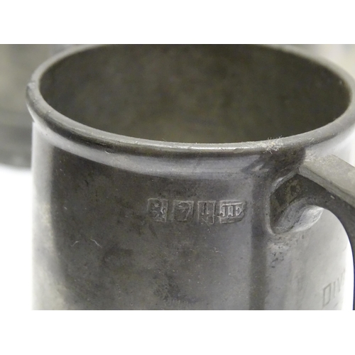 1331 - A quantity of 19thC and later pewter tankards, including examples by James Dixon & Sons, several wit... 