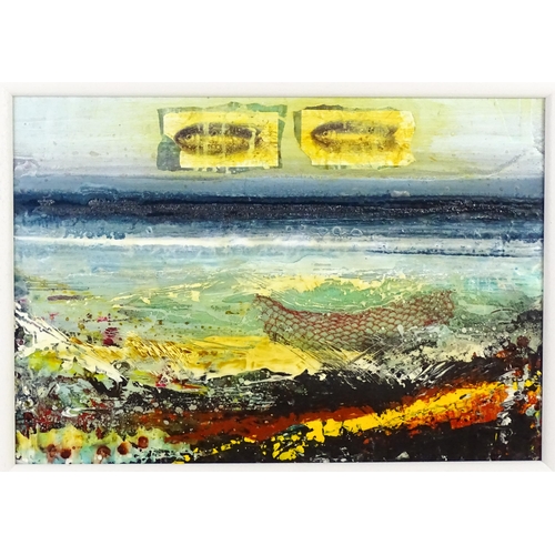 1890 - 20th century, Mixed media, A layered coastal scene / collage with sea, fish and net formed boat. App... 