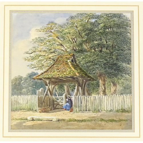 1980 - 19th century, Watercolour, Lady resting by a lychgate. Signed with monogram CJ and dated 1860 lower ... 